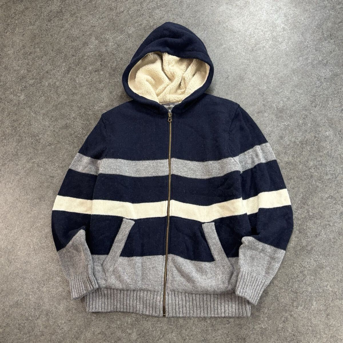 EDDIE BAUER エディーバウアー ジップセーター パーカー カーディガン ジャケット ニット TALON ジップ ボーダー 裏ボア メンズ L
