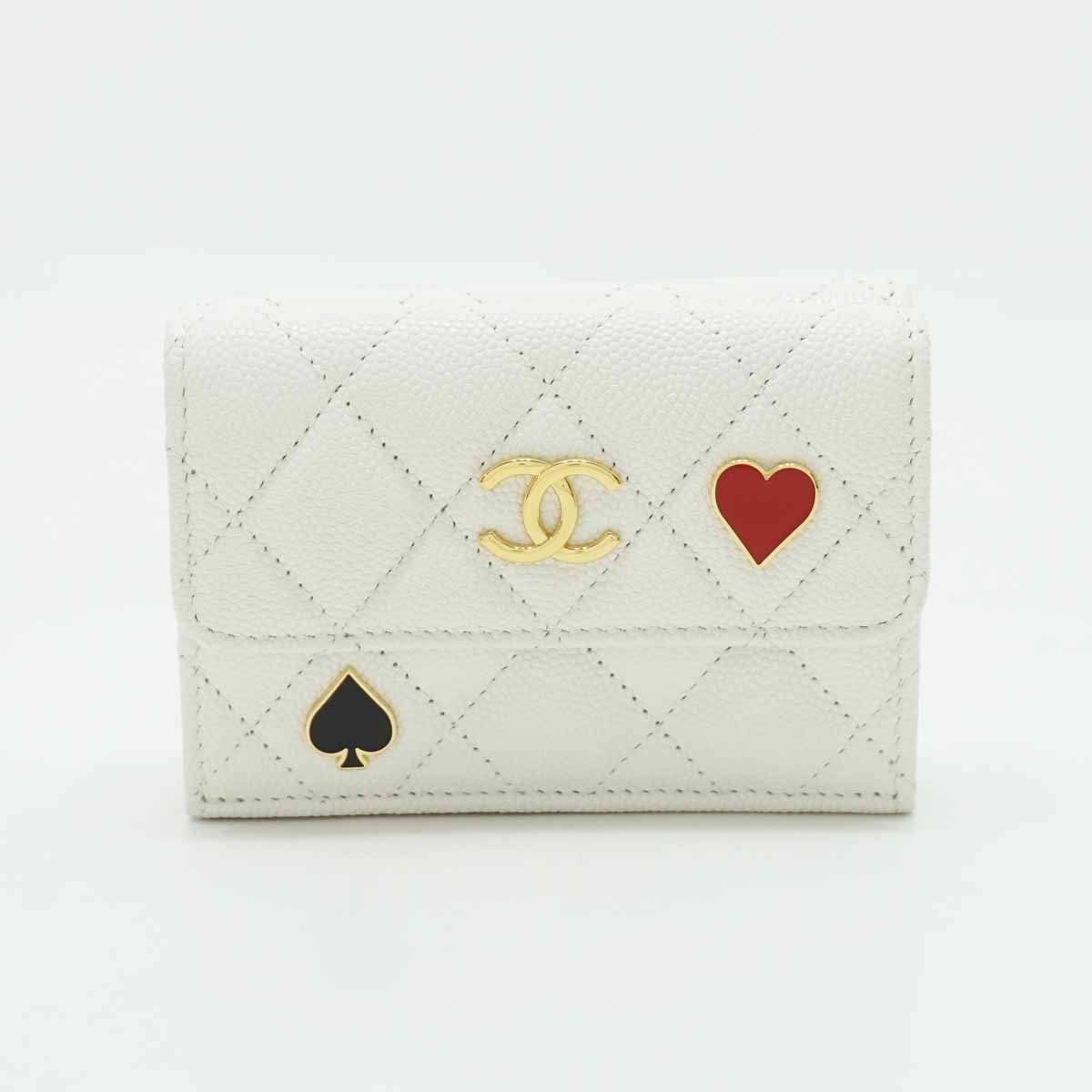 ◇【CHANEL シャネル】キャビアスキン マトラッセ スモール フラップ ウォレット AP3081 財布 ホワイト/ゴールド金具