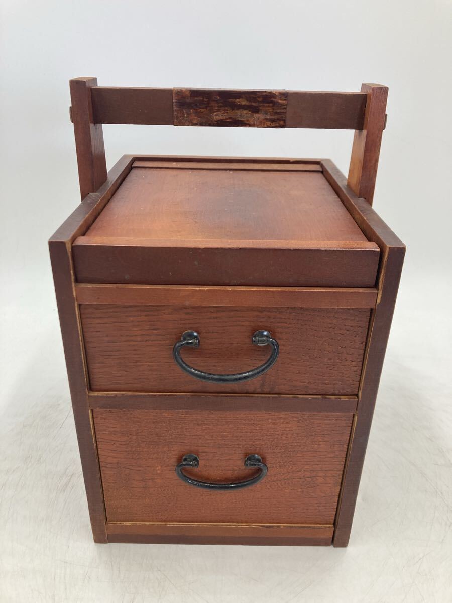 昭和レトロ 卓上 ミラー付 道具箱 鏡台 アンティーク 取手付 化粧箱 木製 小引き出し 収納 和風