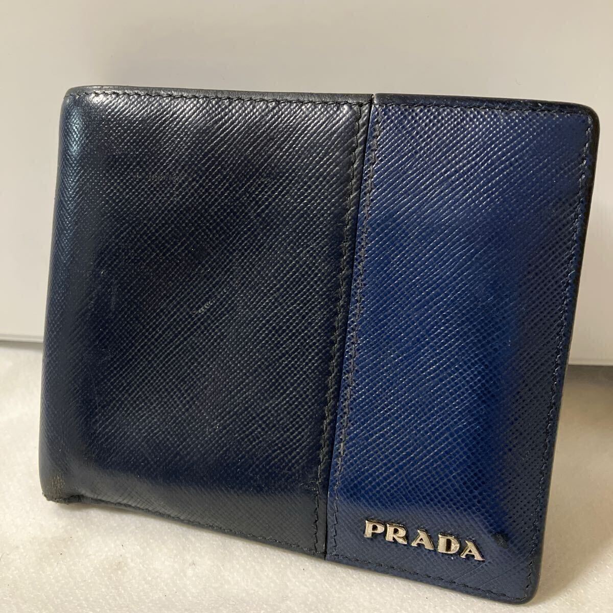 PRADA プラダ 二つ折り財布 レザー ロゴマーク バイカラー ネイビー系 小銭入れ シリアルあり