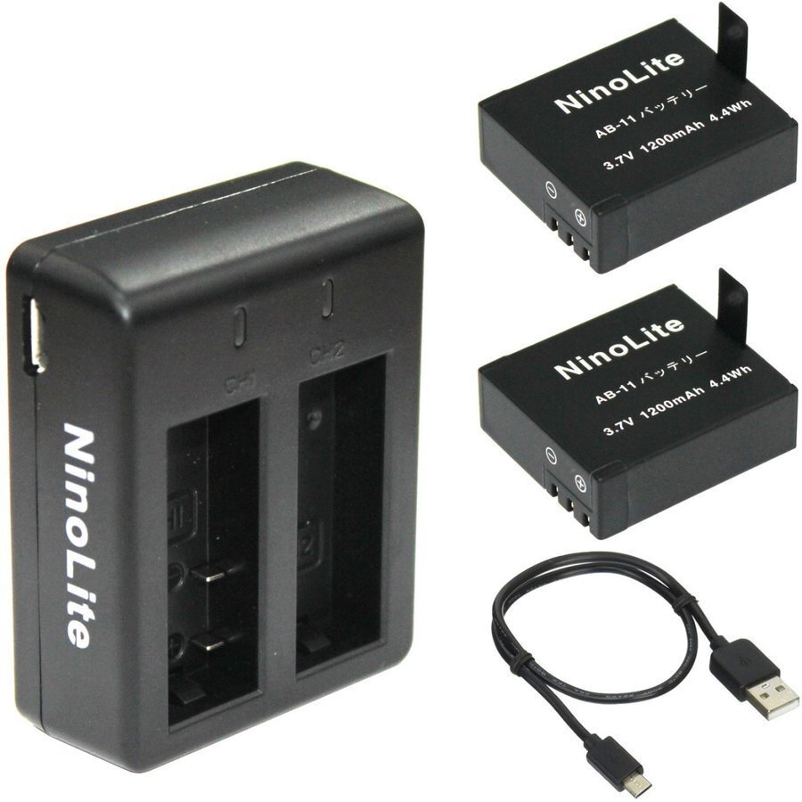 AB11_b アクションカメラ バッテリー2個セット と USB充電器 3点セット AKASO EK5000 EK7000 EK7000 PRO 等 対応 NinoLite AB-11