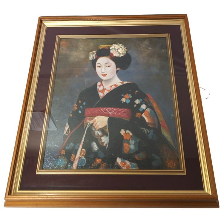 【8788】永井はる 絵画 油彩画 油絵 舞妓 女性 美人 和服 額縁 美術品 骨董品 黒い着物 花かんざし 人物画 インテリア コレクション
