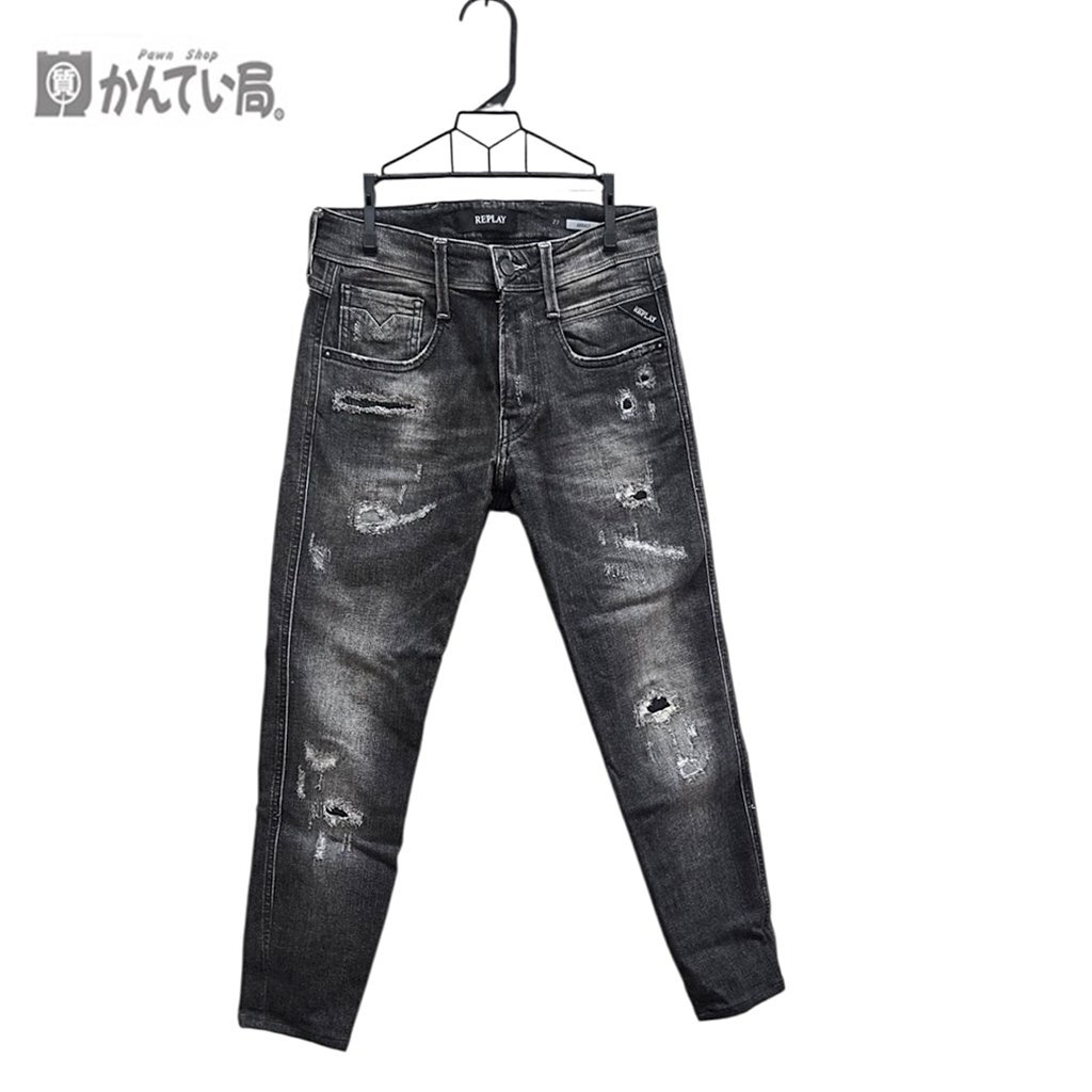 REPLAY リプレイ ダメージ加工 デニム グレー系 SIZE：27 LENGTH：32 総丈：約86ｃｍ デニムパンツ 本体 綿94％ 革ラベル：牛革