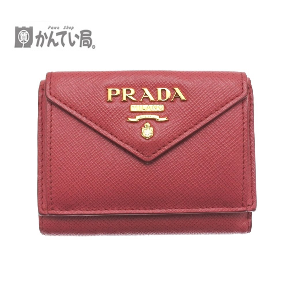 PRADA プラダ 三つ折り財布 ピンク シンプル コンパクト 箱付き ギャラ付き ゴールド シンプル財布 コンパクト オシャレ レディース 財布