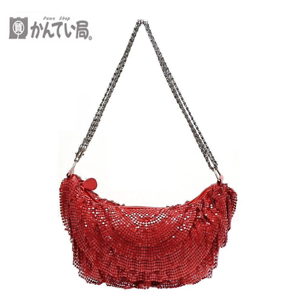 メタル メッシュ スパンコール ハンド バッグ コンパクトサイズ パーティ バッグ 縦：約14ｃｍ×横：約31ｃｍ レッド 赤 キラキラ 女性