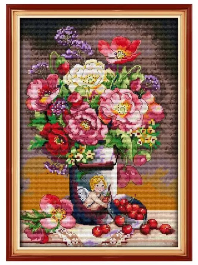 クロスステッチキット キューピットフラワー 天使の花瓶 14CT 30×41cm 布に図案印刷あり 刺繍