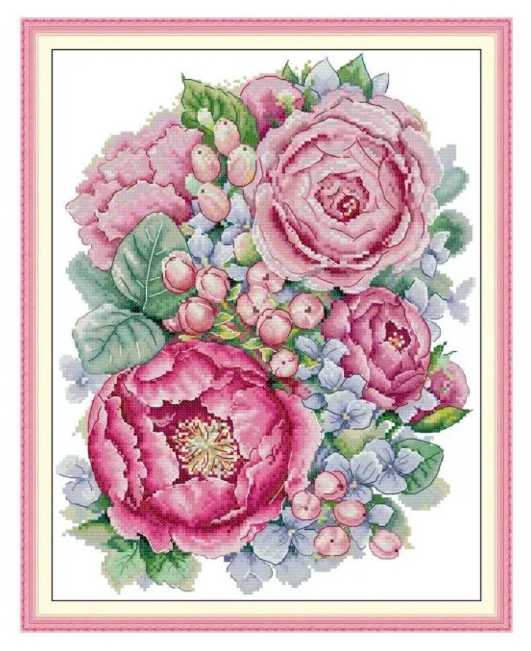 クロスステッチキット ピンクフラワーブルーム 花咲く桃花 14CT 31×38cm 布に図案印刷あり 刺繍