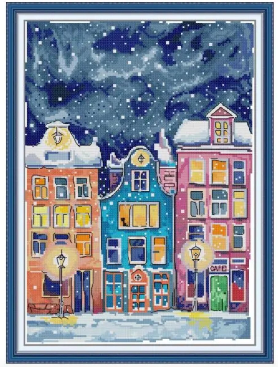クロスステッチキット 雪降るヨーロッパの街並み 幻想的 夜景 冬 刺繍