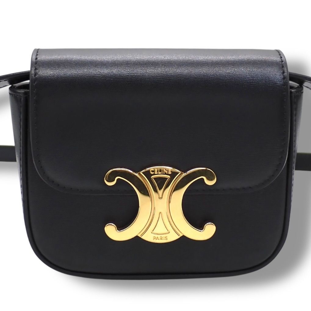使用わずか CELINE セリーヌ トリオンフ ミニ クロード ショルダーバッグ シャイニーカーフスキン ブラック ゴールド ハンドキャリー 4557