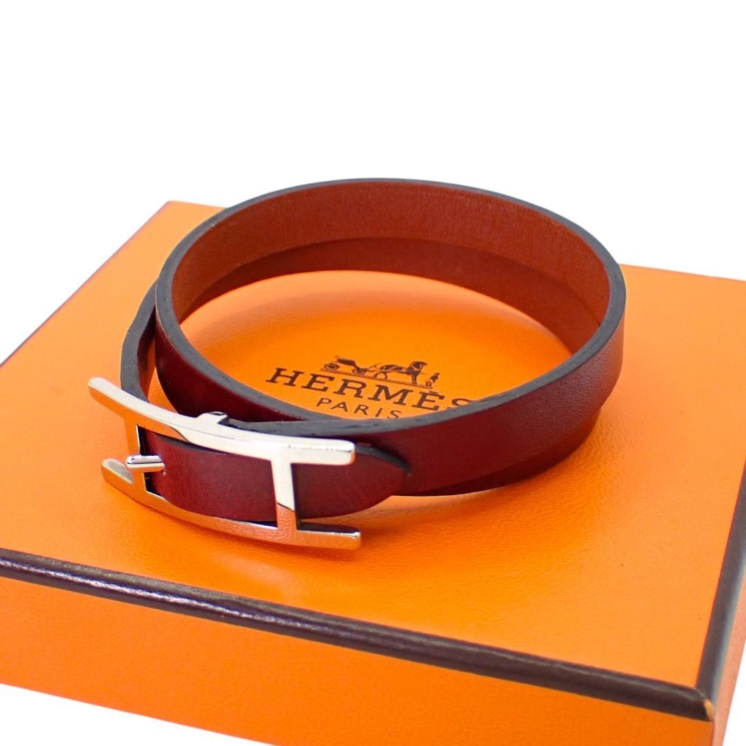 箱 HERMES エルメス ビーアピ ドゥーブルトゥール ブレスレット バングル 2連 アクセサリー レザー XS ボルドー ブラウン シルバー 4936