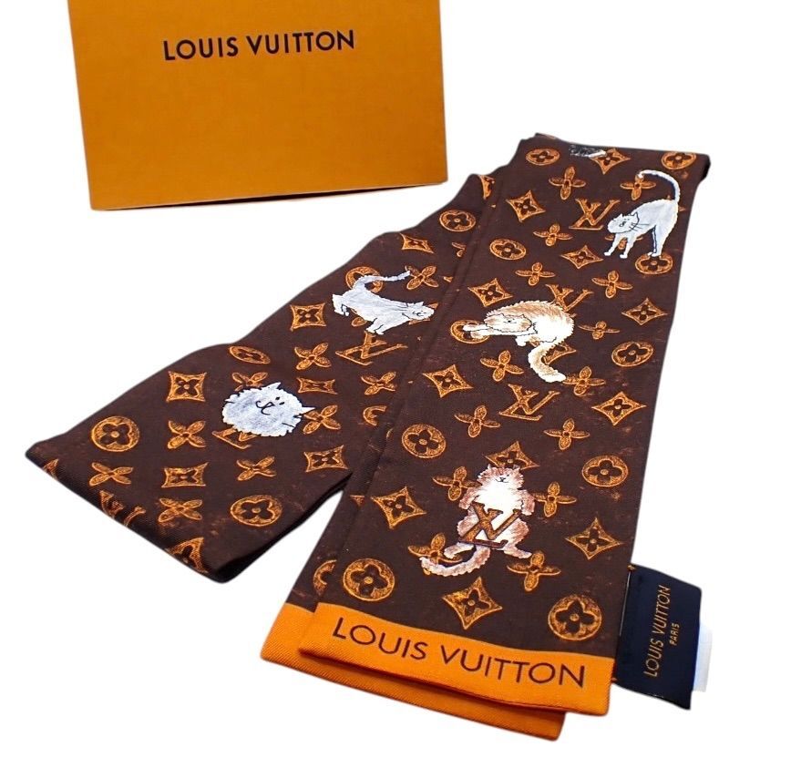 使用僅か 箱 ルイヴィトン LOUIS VUITTON MP2268 バンドー キャットグラム スカーフ シルク ブラウン マロン オレンジ リボンスカーフ 4937
