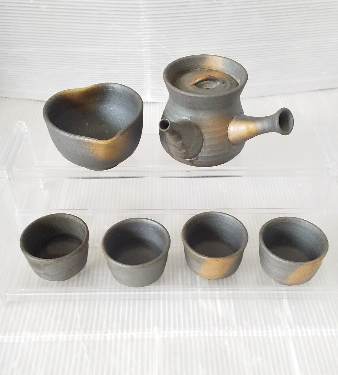 鉄釉重厚で美しい 越前焼 煎茶器 幡山窯 茶道器 湯冷まし付 美品 急須 茶器 湯呑 茶器セット 釉薬