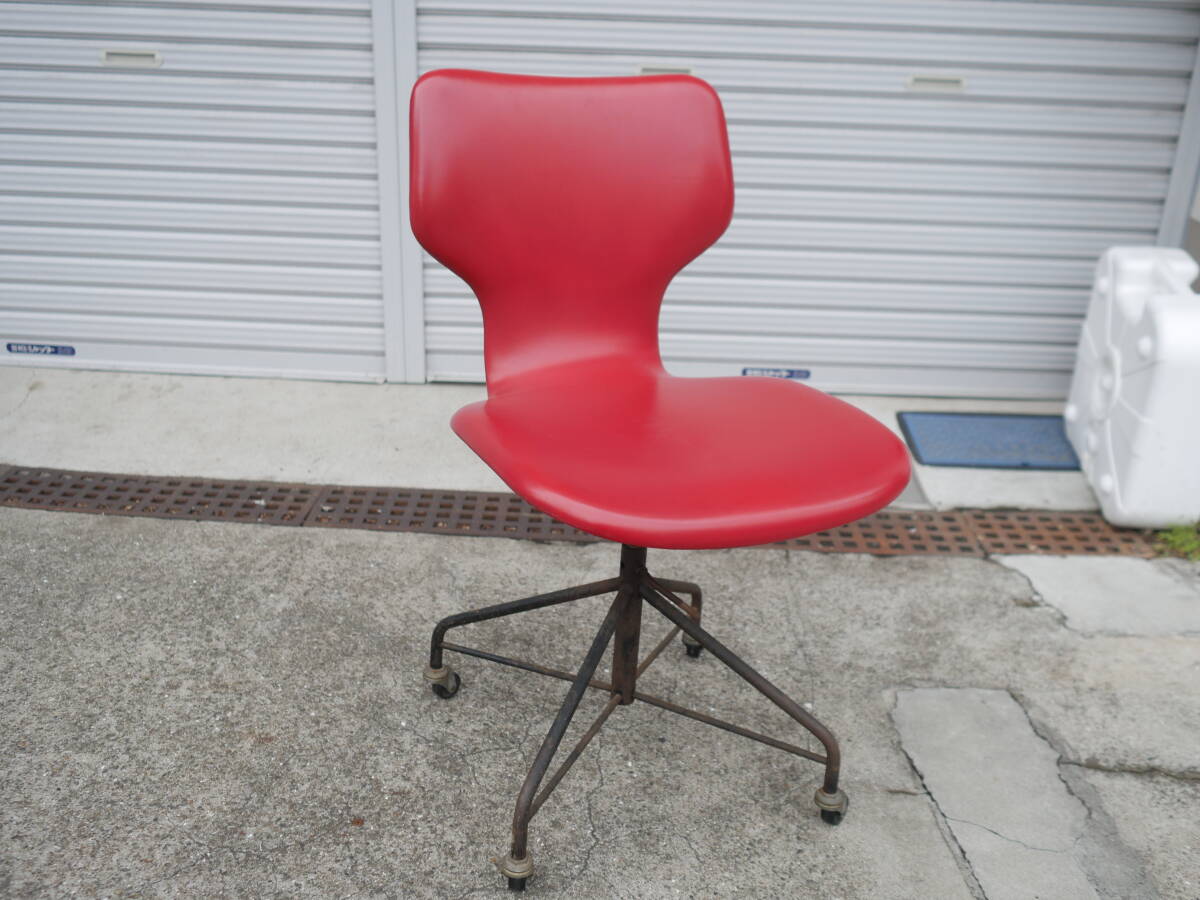 ◆剣持勇 デザイン カブトチェア 兜チェア レッド 天童木工 1960〜1970's 当時物 鉄脚回転椅子 TENDO 希少 ヴィンテージ 赤
