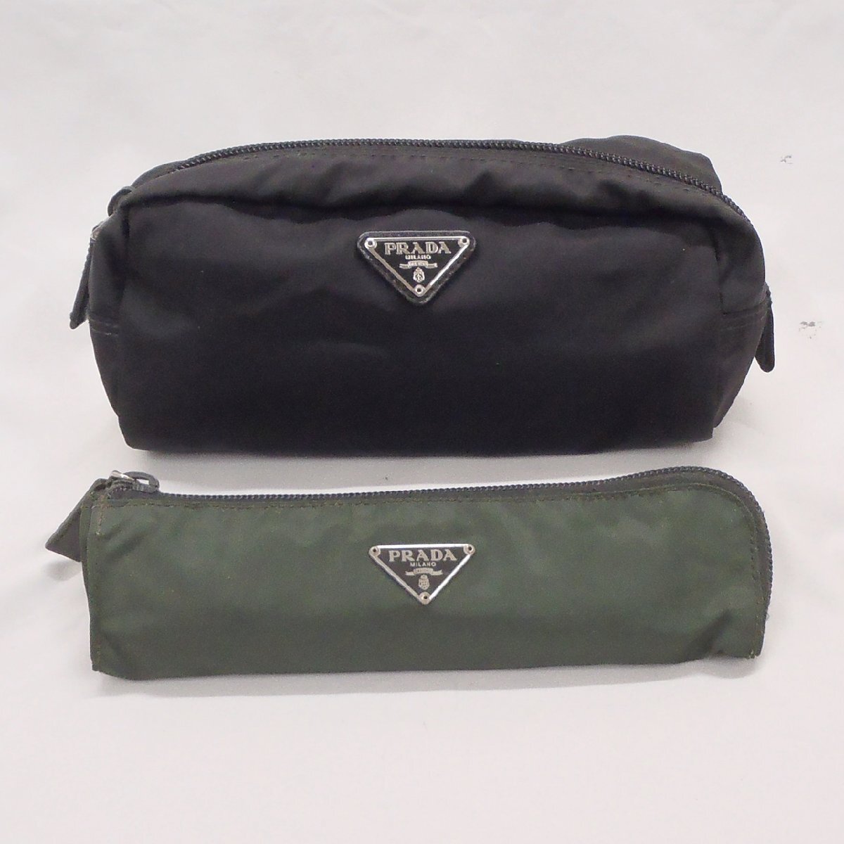 【2点セット】 PRADA プラダ マルチポーチ マルチケース ペンケース 小物入れ ブラック系 カーキ系 中古品 f_b(j)