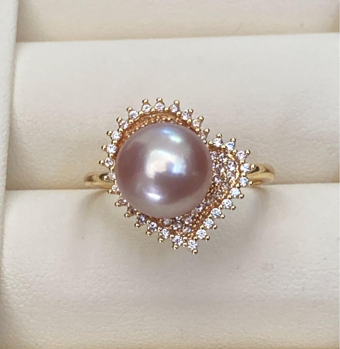 照り抜群　真珠リング　淡水パール　フリーサイズリング　パープル　調整可能　K18GP 