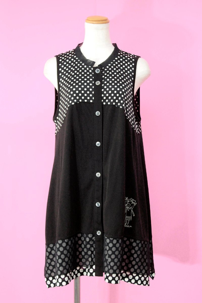 ☆美品☆アルベロベロ/ブタさん刺繍ドット柄切替ジャージーロングベスト:黒系yy663