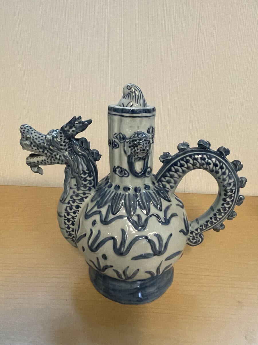 中国美術 染付 龍紋 水注 急須 陶磁器 青花 時代物