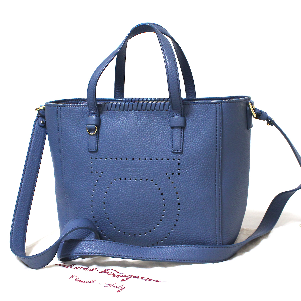 極美品 Salvatore Ferragamo フェラガモ レザー パンチングガンチーニ 2way ショルダーバッグ ブルー ハンドバッグ ブルー 保存袋付き