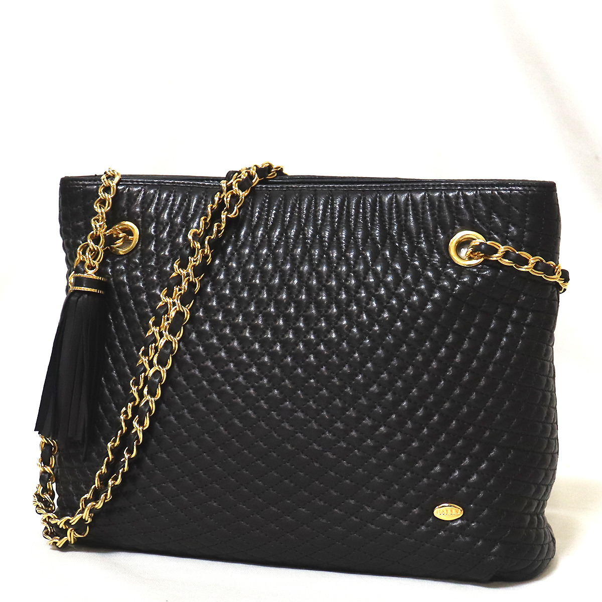 極美品 BALLY バリー キルティング ラム レザー チェーン ショルダー バッグ ブラッ ク ゴールド金具 トートバッグ