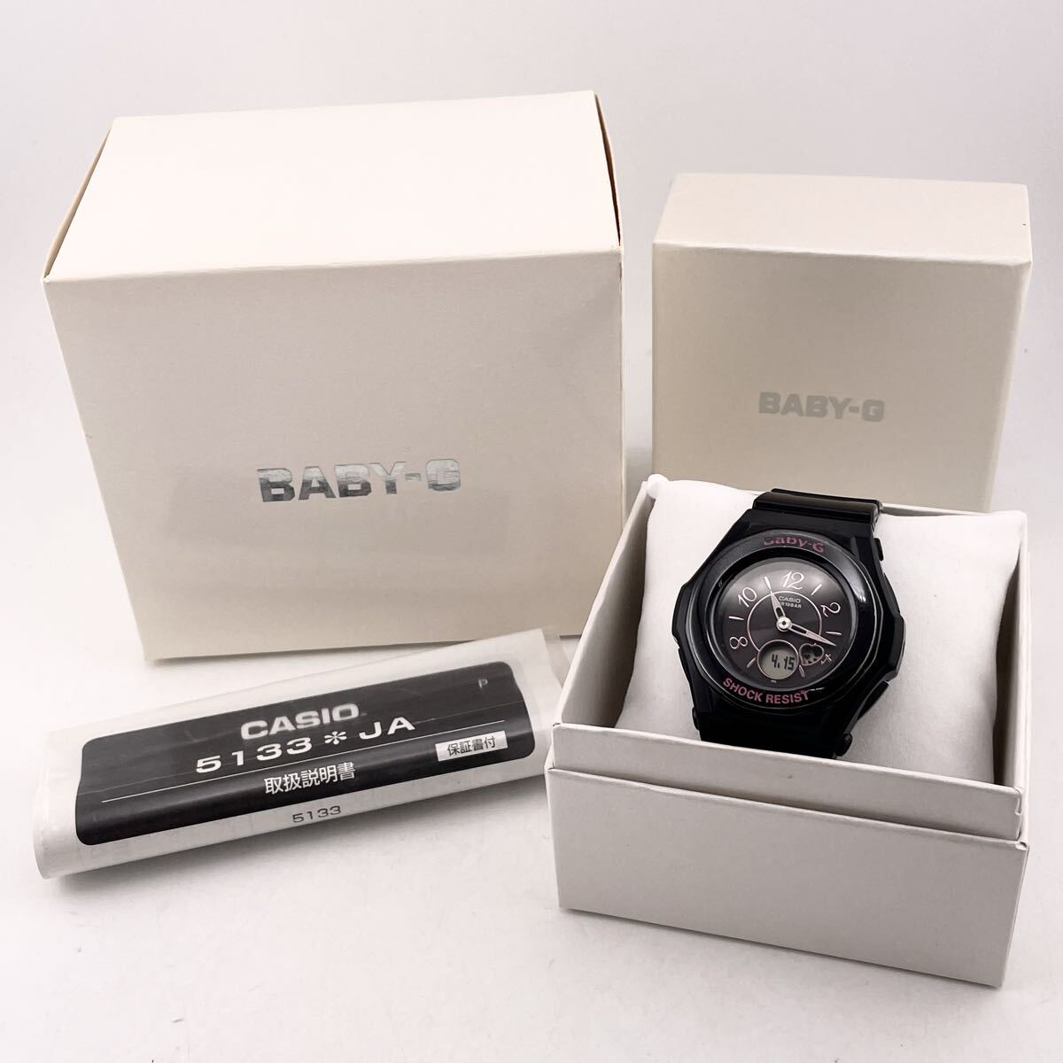 稼働品 腕時計 CASIO BABY-G SHOCK RESIST BGA-1030 電波ソーラー ブラック×ピンク かわいい ハート 説明書 箱付き 【S84903-3271】
