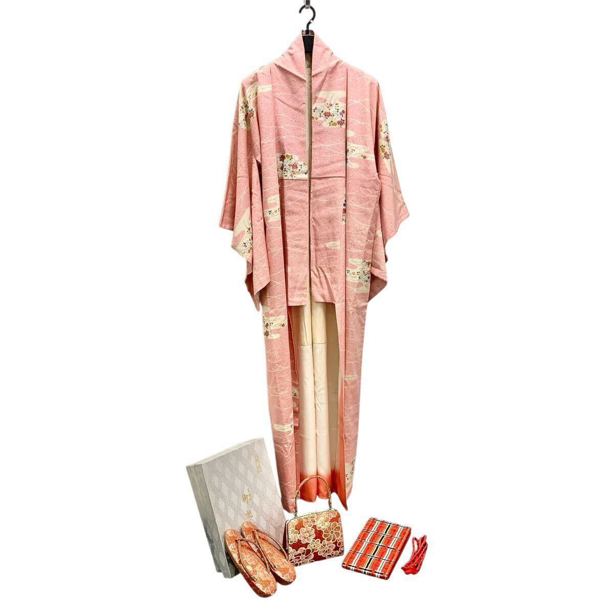 着物 和服 和装 帯 草履 バッグ セット ピンク レディース サーモンピンク レトロ 着付け 練習 Kimono Japan pink kawaii 【S70958-SJ703】