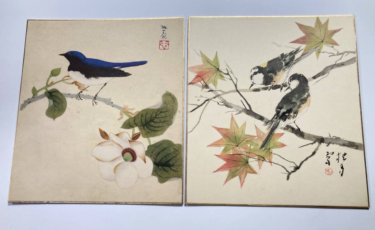 工芸色紙 2枚セット｜小鳥 紅葉 花鳥図｜日本画風 印刷 和風 インテリア