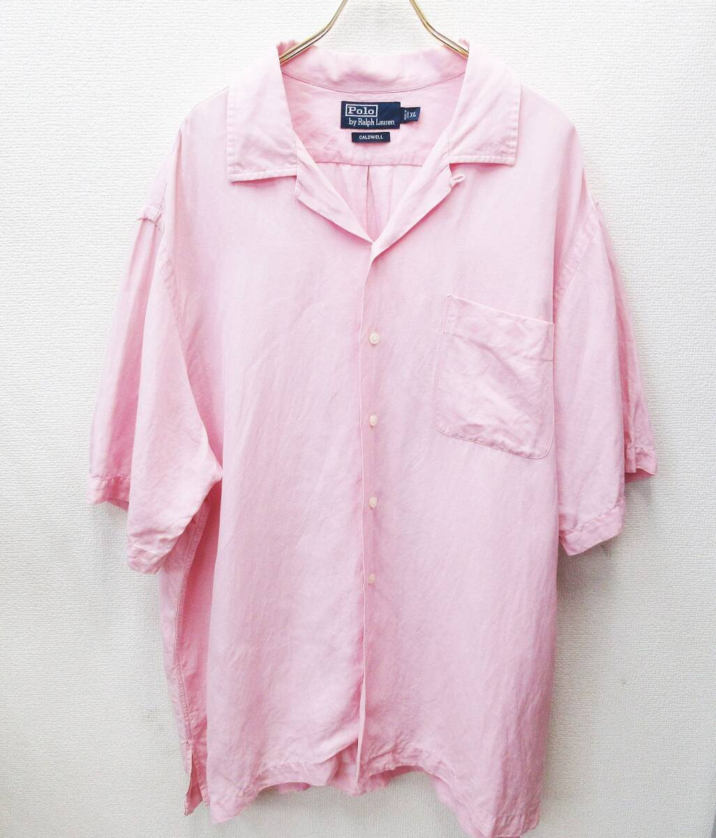 kkm5826 半袖シャツ 90s POLO RALPH LAUREN/ラルフローレン CALDWELL Open Collar サイズXL シルク リネン オープンカラー コールドウェル
