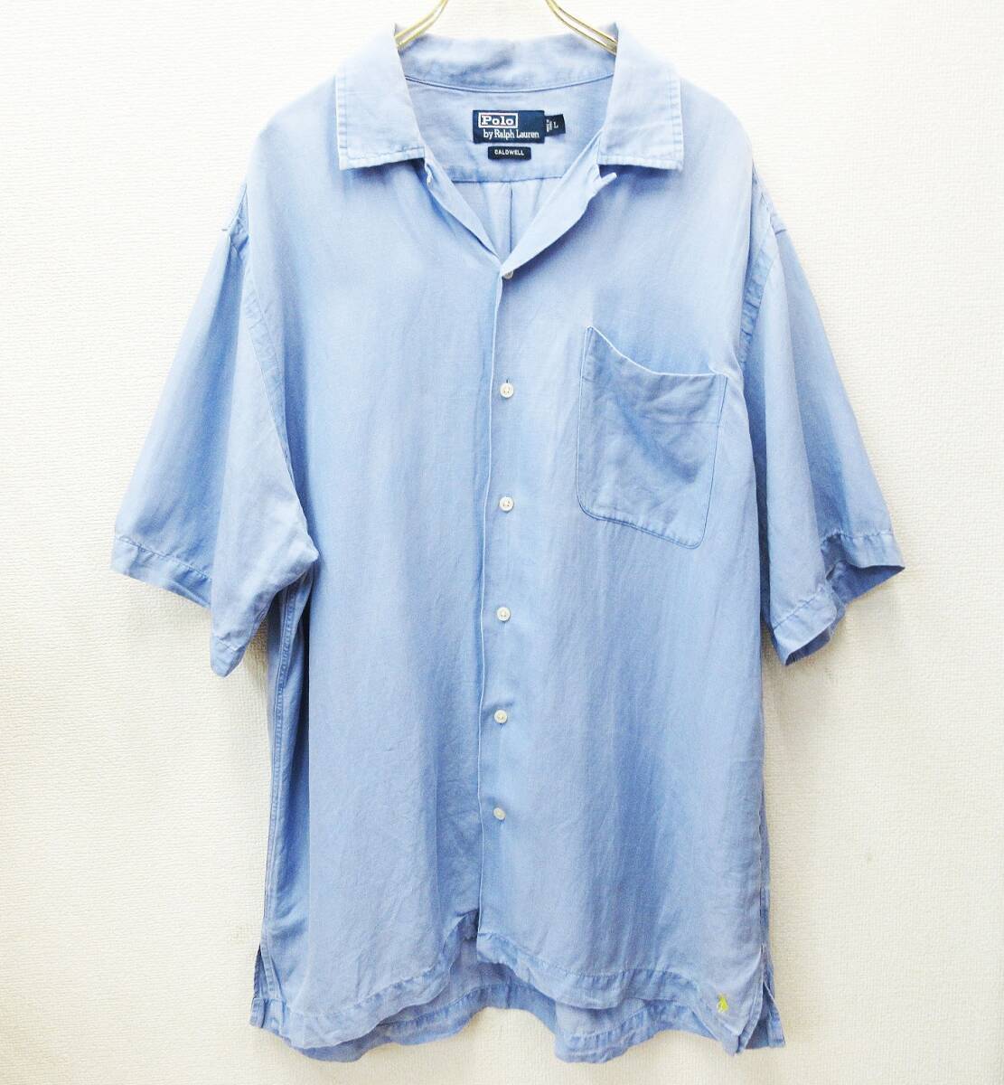 kkm5825 半袖シャツ 90s POLO RALPH LAUREN/ラルフローレン CALDWELL Open Collar サイズL シルク リネン オープンカラー コールドウェル