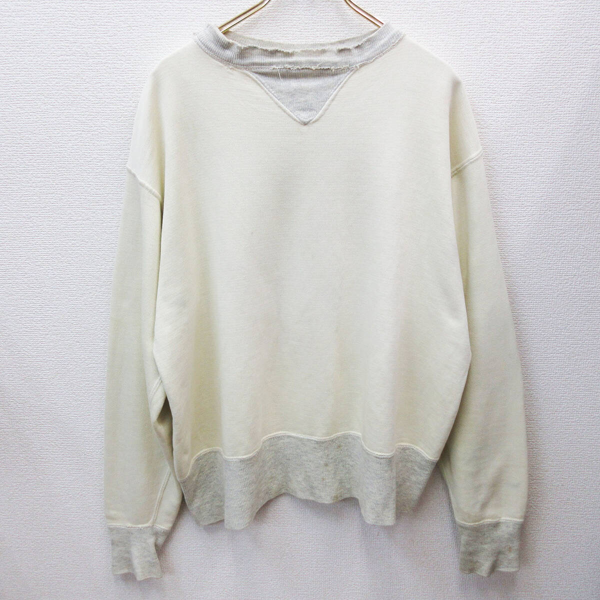 kkm5817 ヴィンテージスウェット 40s～50s Pilgri/ピルグリム はめ込みV VINTAGE ツートーン グレー アイボリー サイズL ビンスエ