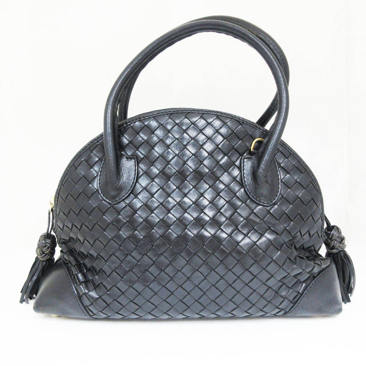kkm10753 ボッテガ・ヴェネタ イントレチャート タッセル フリンジ ハンドバッグ BOTTEGA VENETA ブラック レザー