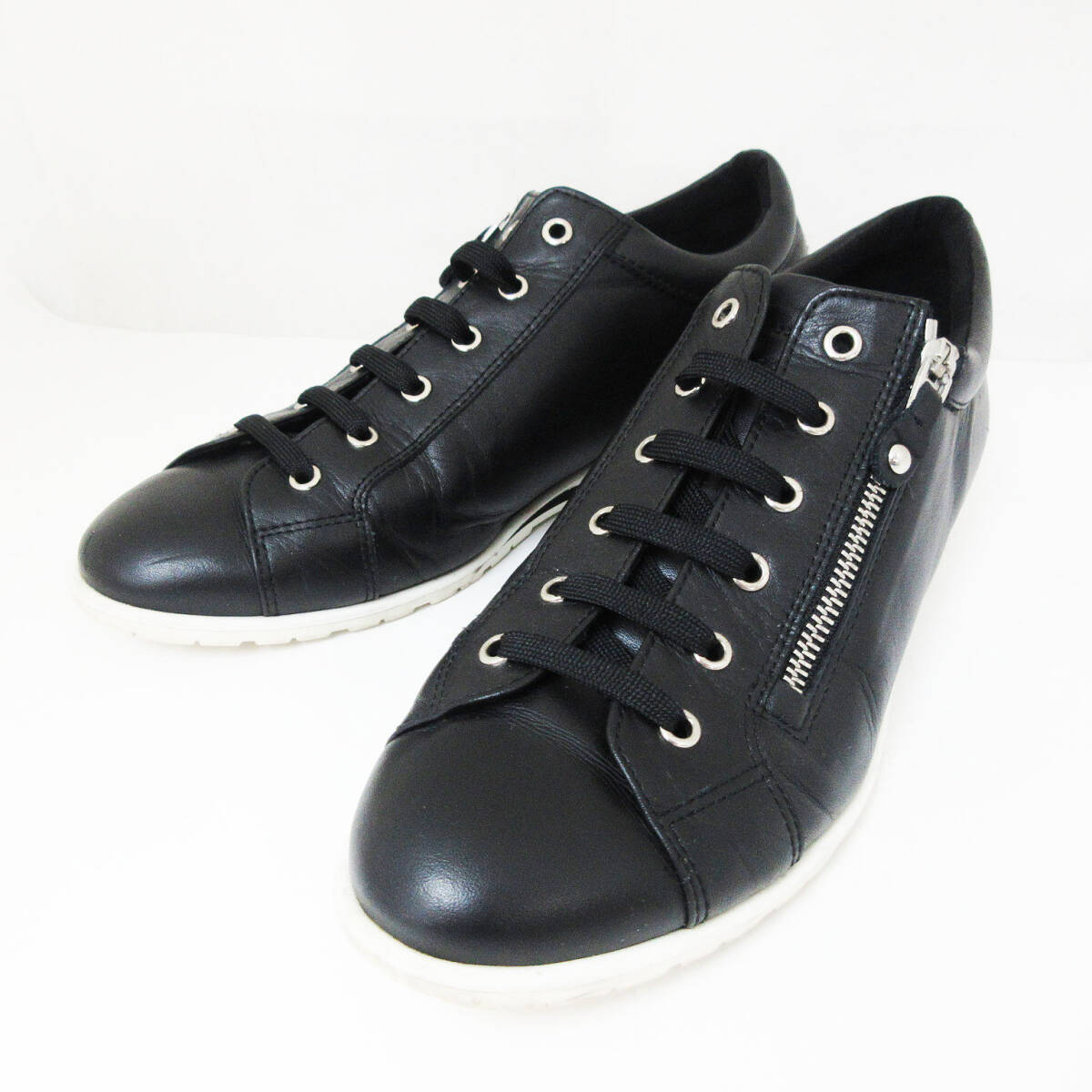 kkm5819 スニーカー GINZA Kanematsu/銀座かねまつ AQUA BELL アクアベル ブラック 25cm 日本製 レザー 本革 レースアップ ファスナー 