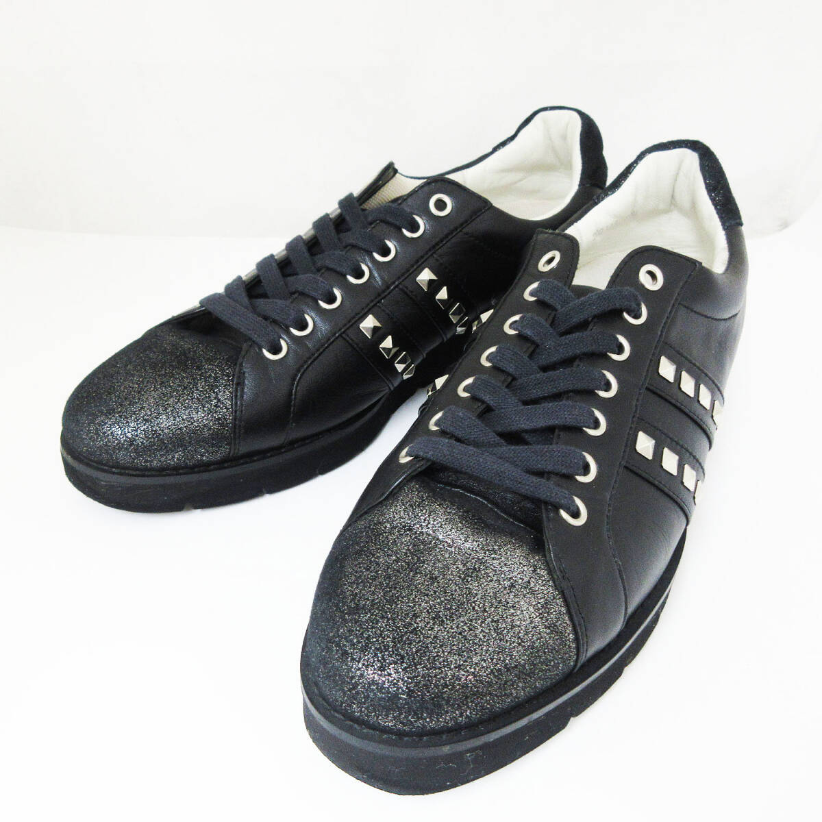 kkm5820 スニーカー GINZA Kanematsu/銀座かねまつ AQUA BELL アクアベル ブラック 25cm 日本製 レザー 本革 レースアップ スタッズ