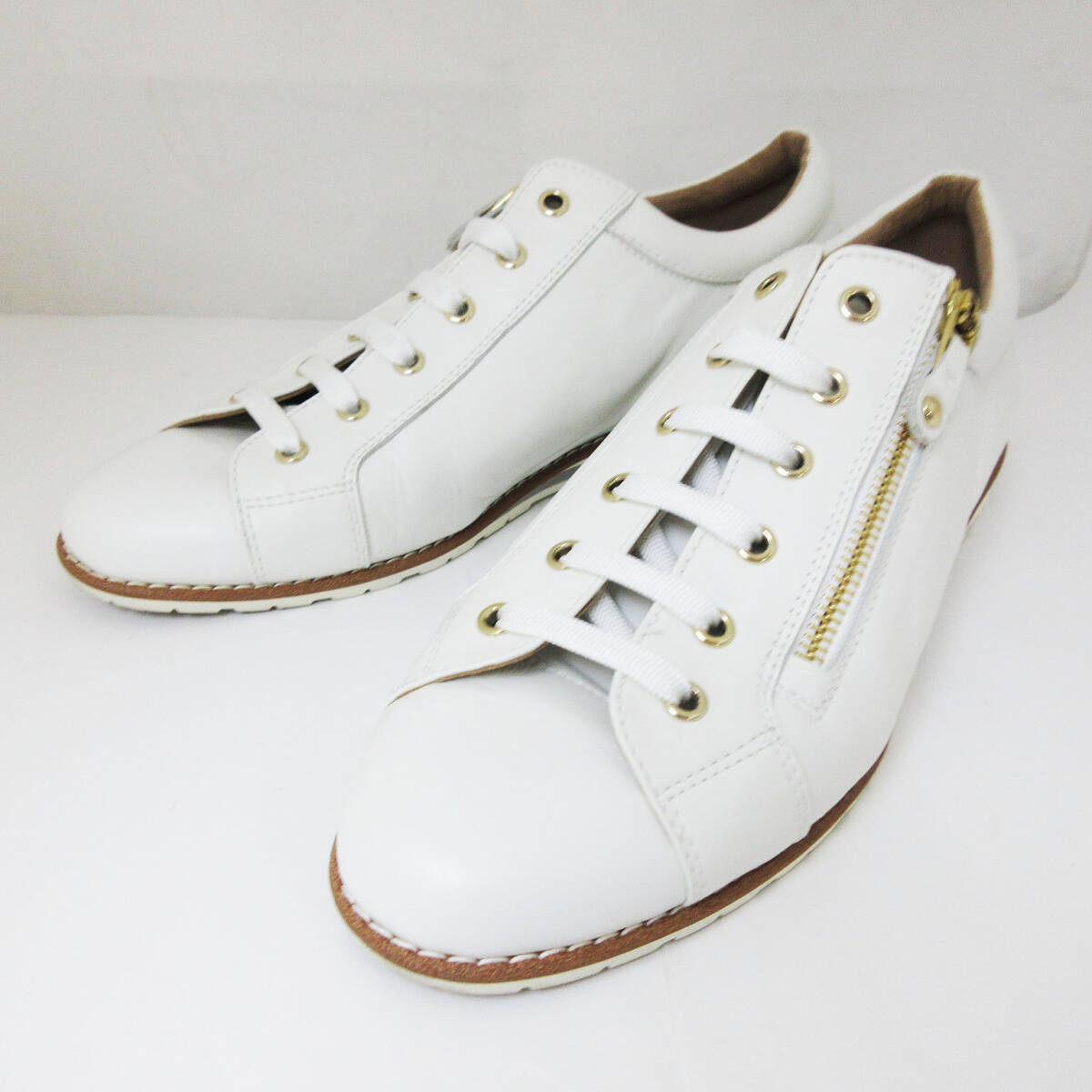 kkm5821 スニーカー GINZA Kanematsu/銀座かねまつ AQUA BELL アクアベル ホワイト 24.5cm 日本製 レザー 本革 レースアップ ファスナー