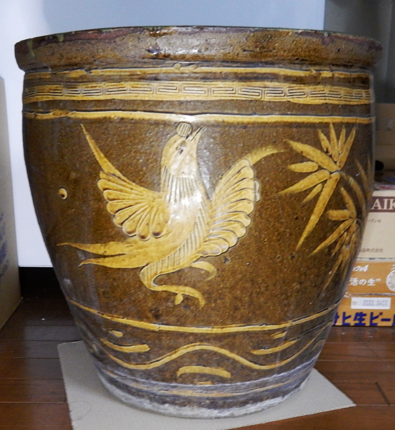 【発送可能】中国 皮蛋 ピータン 瓶 鉢 特大 陶器■1973年53年前に横浜中華街で購入■直径48X高47センチ■鳥 植物 文様■金魚 メダカ 睡蓮