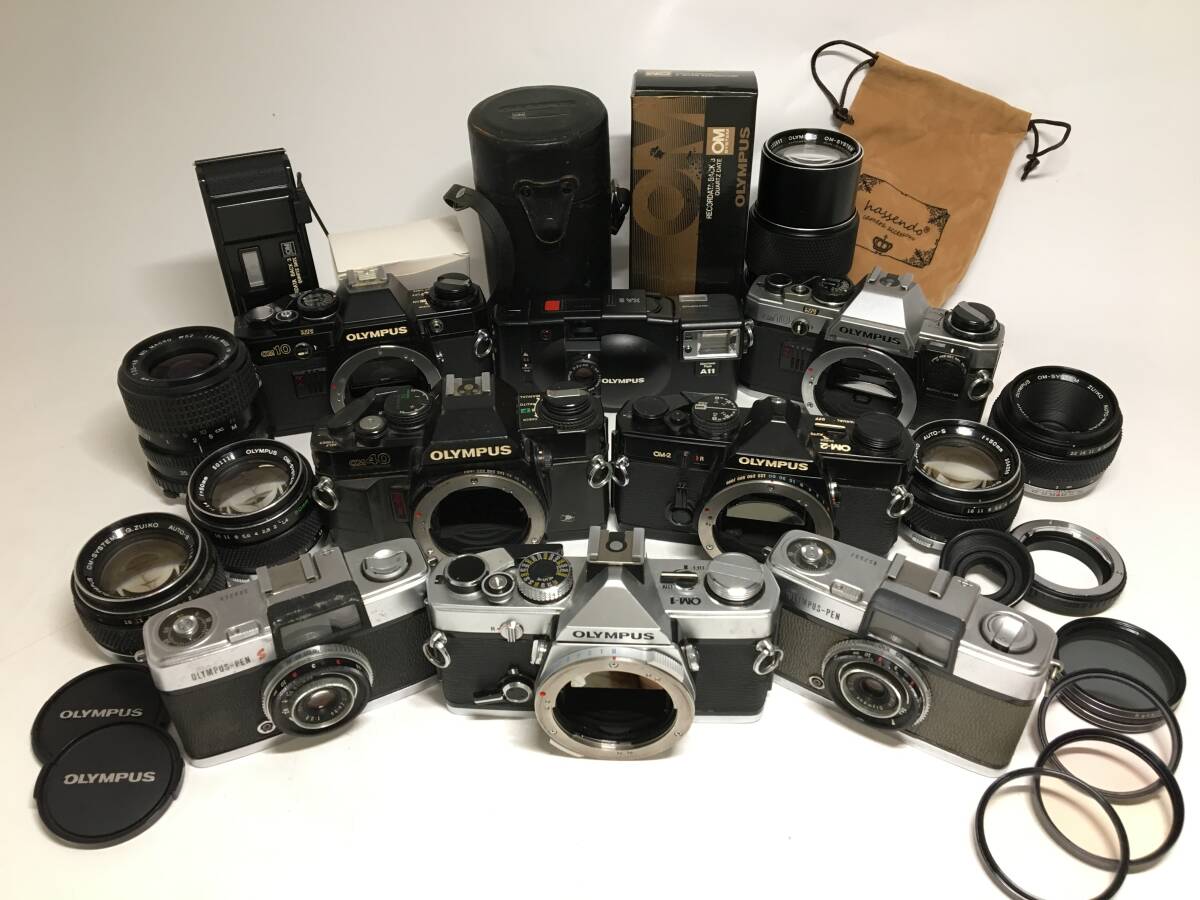 ☆ OLYMPUS フィルムカメラ まとめ ☆ OM-1 + OM-2 + OM10×2 + OM40 + PEN-S 他 2台 レンズ 6本 データバック レンズケース オリンパス