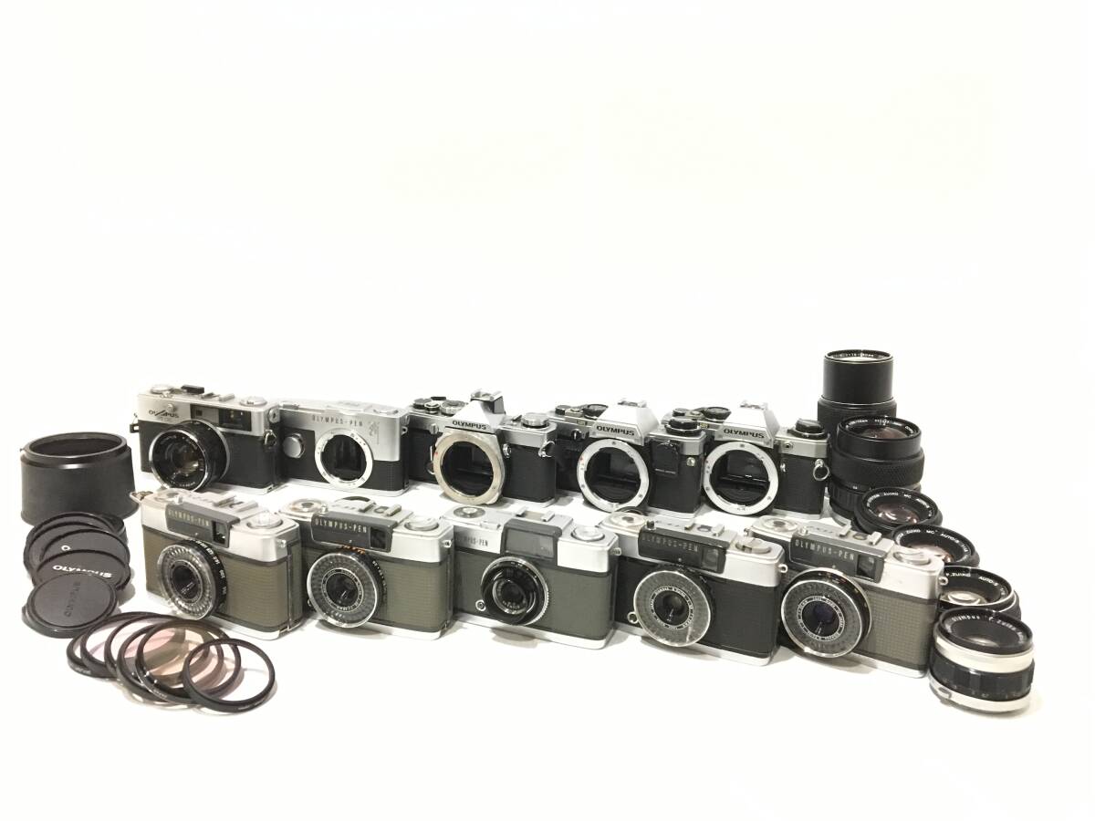 ☆ OLYMPUS フィルムカメラ まとめ 2 ☆ OM-1 + OM10×2 + PEN + F + EE-2 ×2 + Auto-S 1:1.8 f=38mm 他 3台 レンズ 5本 オリンパス