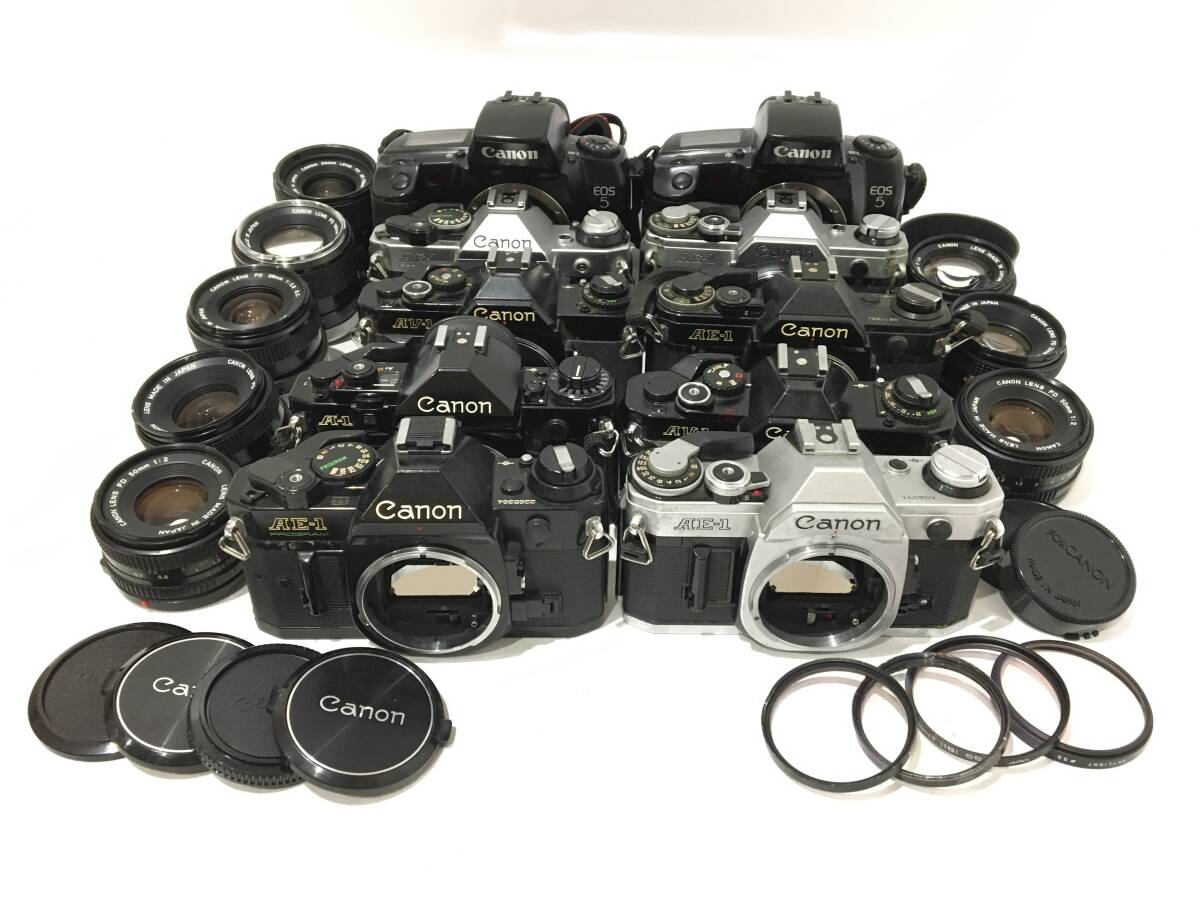 ☆ Canon フィルム一眼カメラ まとめ 3 ☆ A-1 + AV-1 ×2 + AE-1 ×3 + PROGRAM ×2 + LENS FD 50mm 1:2 ×2 他 2台 レンズ 6本 キャノン