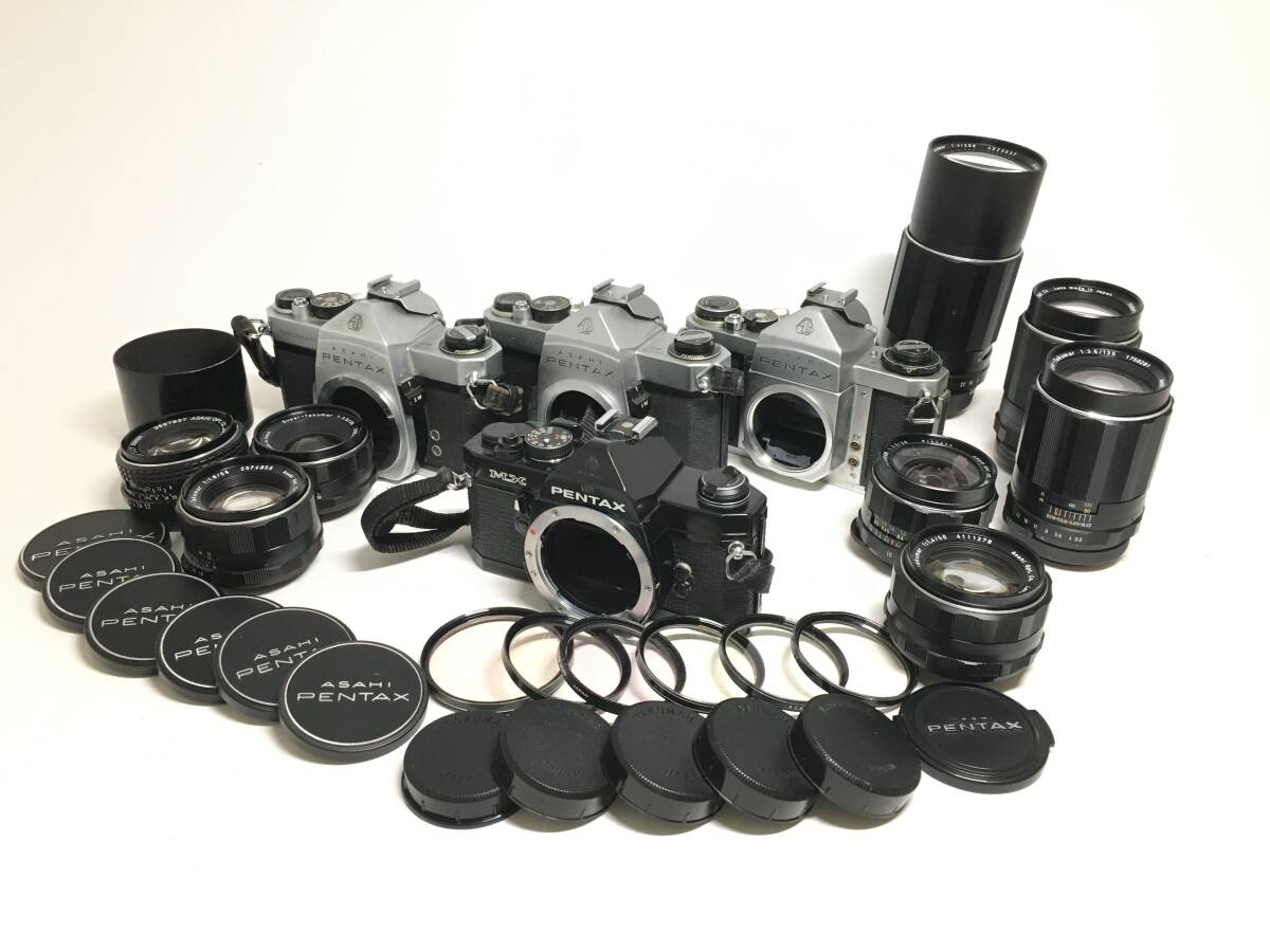 ☆ PENTAX フィルム一眼カメラ まとめ ☆ MX + SPOTMATIC SP ×2 + Super-Takumar 1:1.4/50 + 3.5/35 他 1台 レンズ 6本 ペンタックス