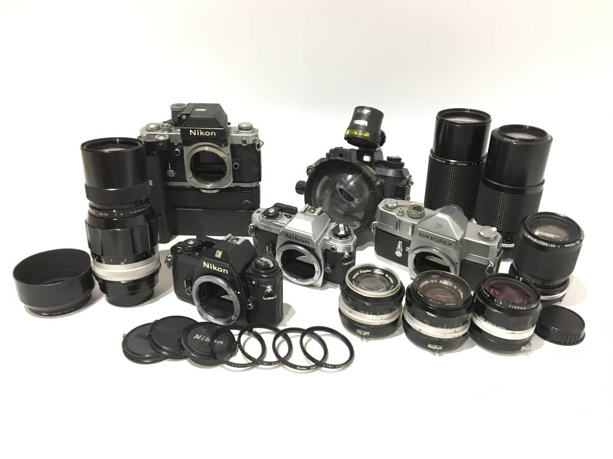 ☆ Nikon フィルム一眼カメラ まとめ 3 ☆ F2 + FG + EM + NIKKOREX + NIKONOS + ZOOM 80-200mm 1:4 他 レンズ6本 ニコン