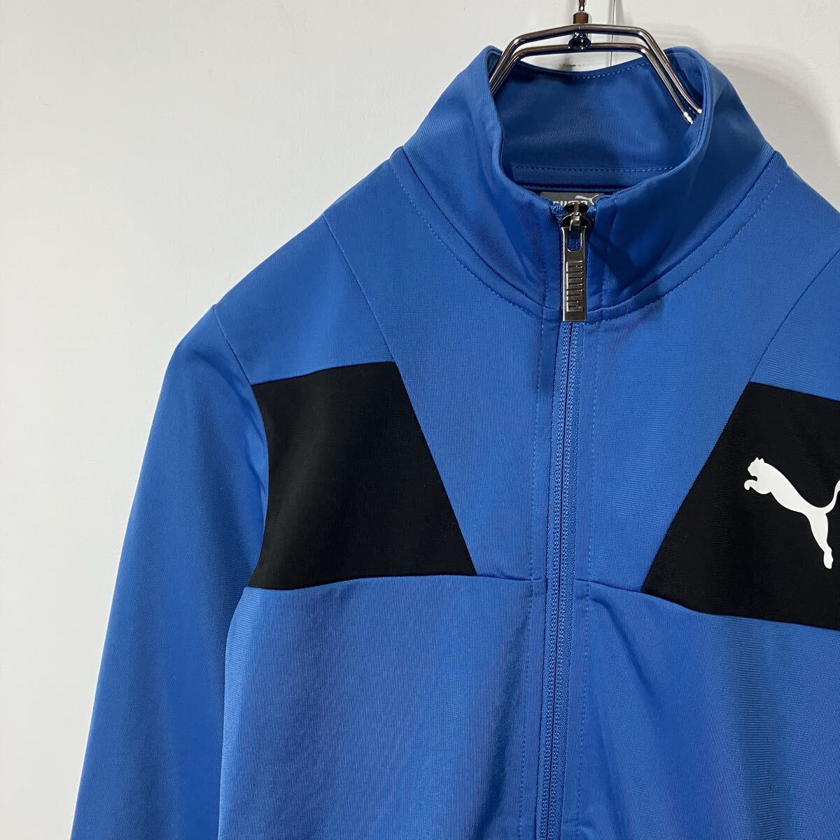 PUMA プーマ ロゴ プリント 切替 裏地フリース フルジップ ジャージ トラック ジャケット ブルー ブラック 140