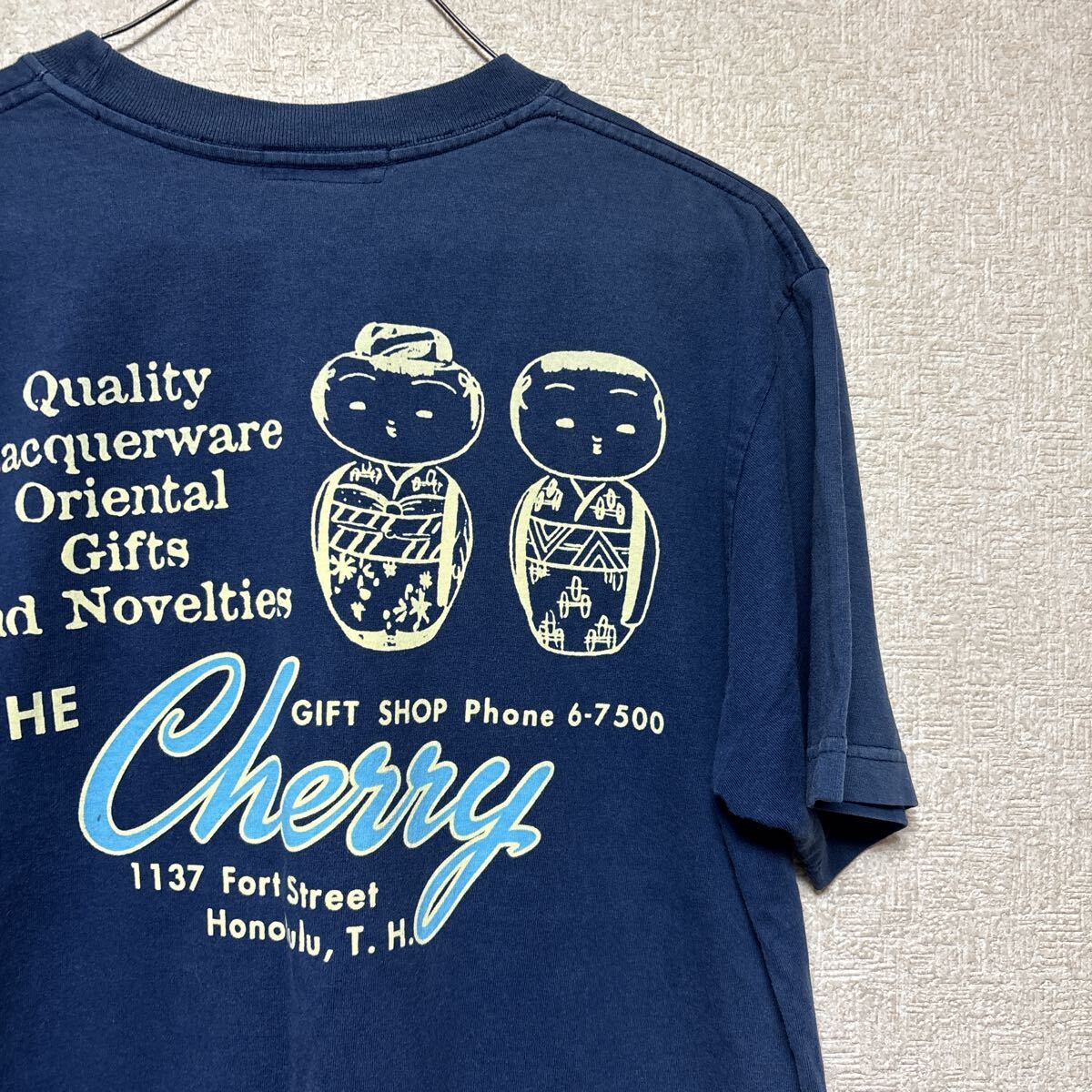 USA製 Sun Surf サンサーフ Tシャツ Mサイズ ネイビー THE Cherry ハワイ ホノルル 両面プリント 和柄 アロハ 東洋エンタープライズ