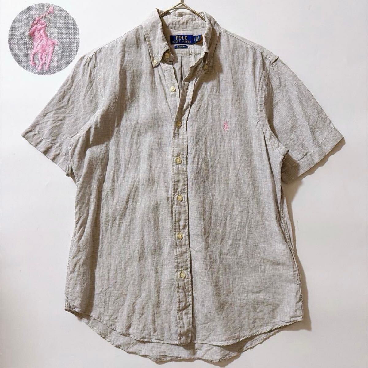 22年製 Polo Ralph Lauren ポロ ラルフローレン リネン100 ピンクポニー ポニー刺繍 半袖 classic fit クラシックフィット シャツ S グレー