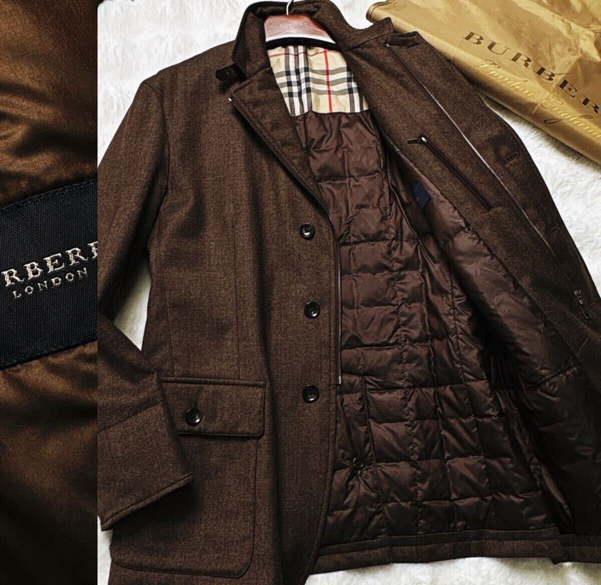 LL XL BURBERRY LONDON カシミヤ　★ダウン 艶感立体ダウントレンチコート BBロゴ美色　バーバリー　コート◎ビックサイズ◎