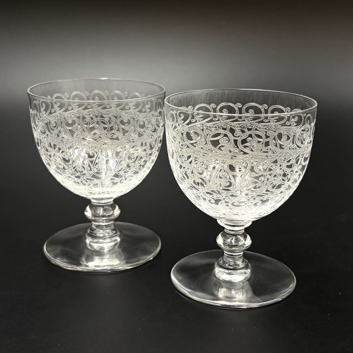 ◆ オールド バカラ Baccarat ローハン 高さ約7.5ｃｍ ペア 2客 クリスタルグラス リキュールグラス エッジング模様 ◆
