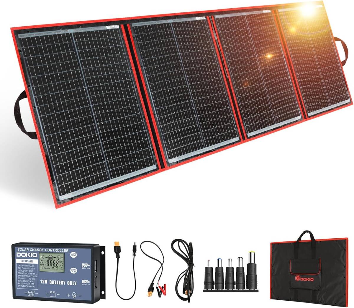 新品　DOKIO ソーラーパネル 200W 18V セット 折りたたみ式195×67×0.6cm USB出力 単結晶 超軽量 5種DCプラグ スマホ 12Vバッテリー
