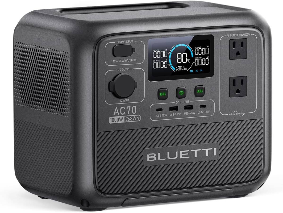 新品　BLUETTI ポータブル電源 AC70 大容量768Wh AC1000W(瞬間最大1500W) 45分で80%まで急速充電 APP遠隔操作 UPS機能 電力リフト機能