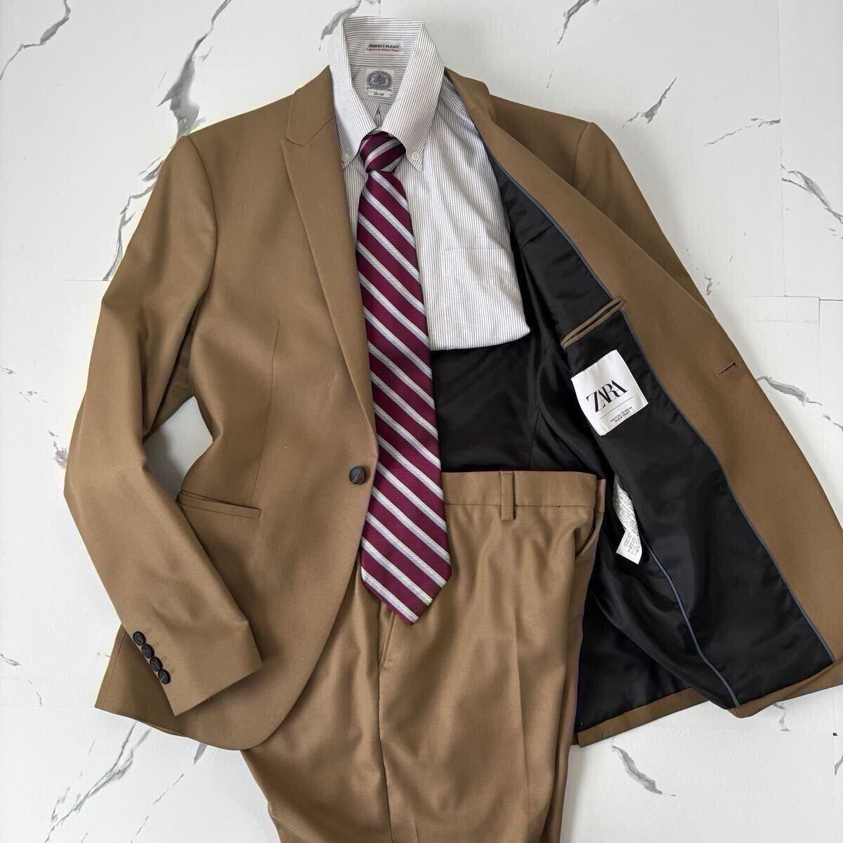 未使用級◎M位◎ザラ『洗練された大人の一着』ZARA セットアップ ベージュ 春夏スーツ 46相当 テーラードジャケット スタイリッシュ