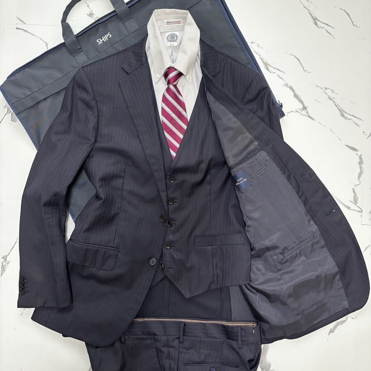 未使用級◎稀少50位◎【伊】ロロピアーナ×シップス『極上スリーピース』Loro Piana SHIPS スーツ セットアップ ネイビー ストライプ XL