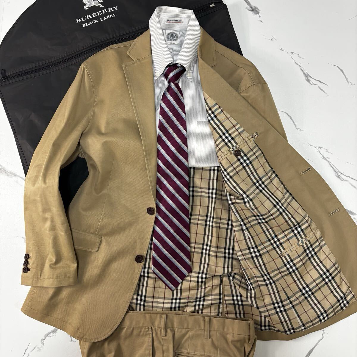 未使用級◎稀少L位◎バーバリーブラックレーベルBURBERRY BLACK LABEL スーツ セットアップ ベージュ 伸縮性◎ 40R相当 裏地チェック