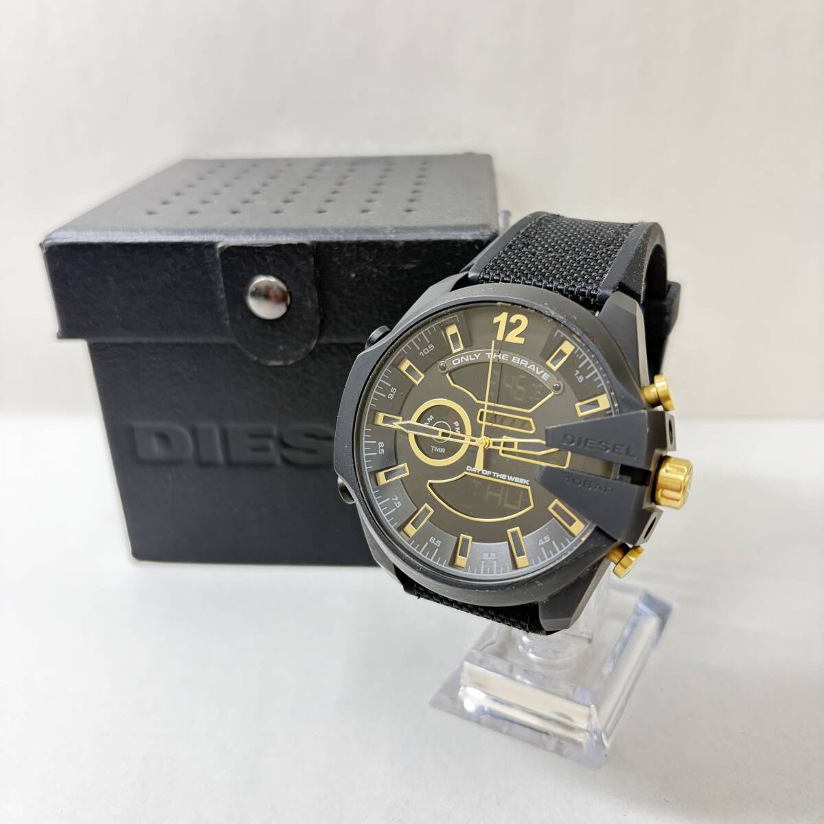 1円〜 稼働 美品 DIESEL ディーゼル DZ-4552 3針 デジアナ ラウンド 黒 ブラック ラバー メンズ クォーツ 腕時計